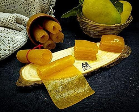 SHRIHAN MART - Yellow Aam Papad Toffee | Aamsotto, Aam paapad, Aam | Dried Mango Slices | Sheesha Aam Papad | Khatta Meetha Aam Papad | Tasty Fruit Bar Mango Candy 200G